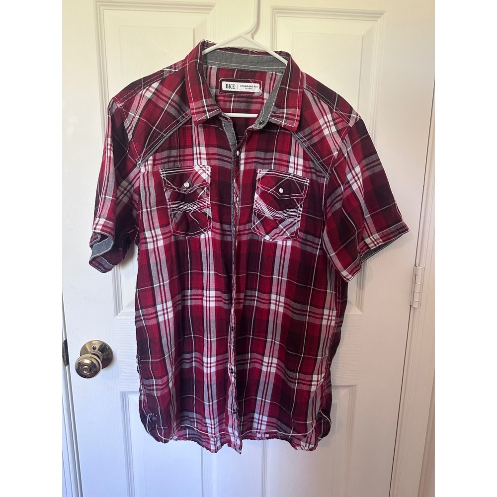 BKE Western Country‎ Red Plaid Short Sleeve Snap Button Up Shirt Standard Fit XL